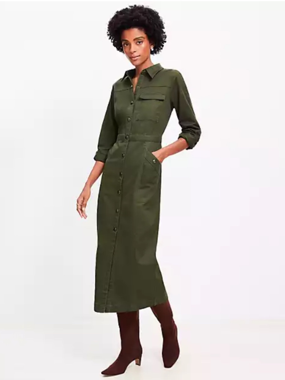 LOFT Olive Green Button-Front Midi Shirt Dress